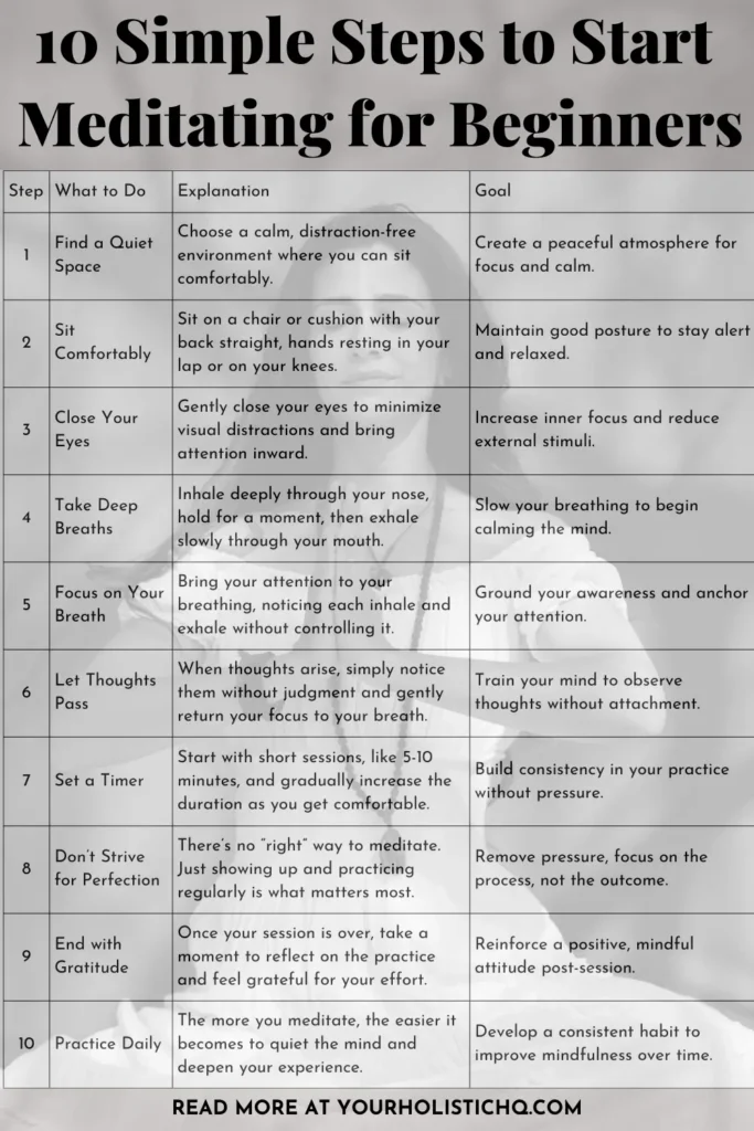 Pinterest pin explaining 10 beginner-friendly steps to start meditating effectively and create a consistent practice.