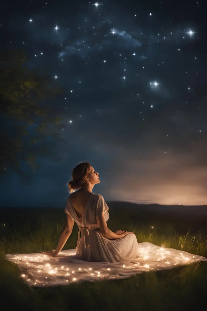 Person meditating under a clear night sky filled with stars. Pinterest Pin.