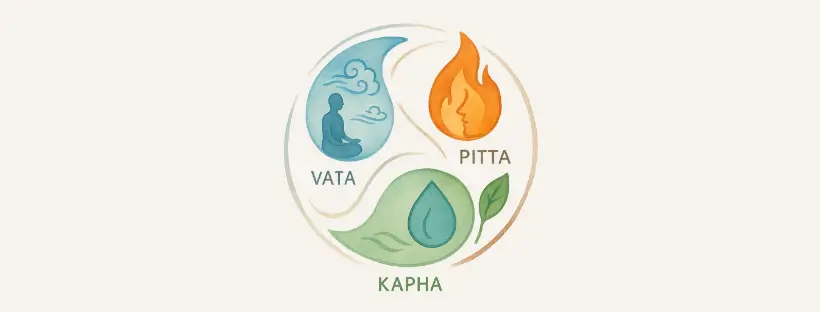 Hand-drawn digital illustration of the three Ayurvedic doshas—Vata, Pitta, and Kapha—represented with flowing, organic shapes in blue, orange, and green, symbolizing air, fire, and water elements.