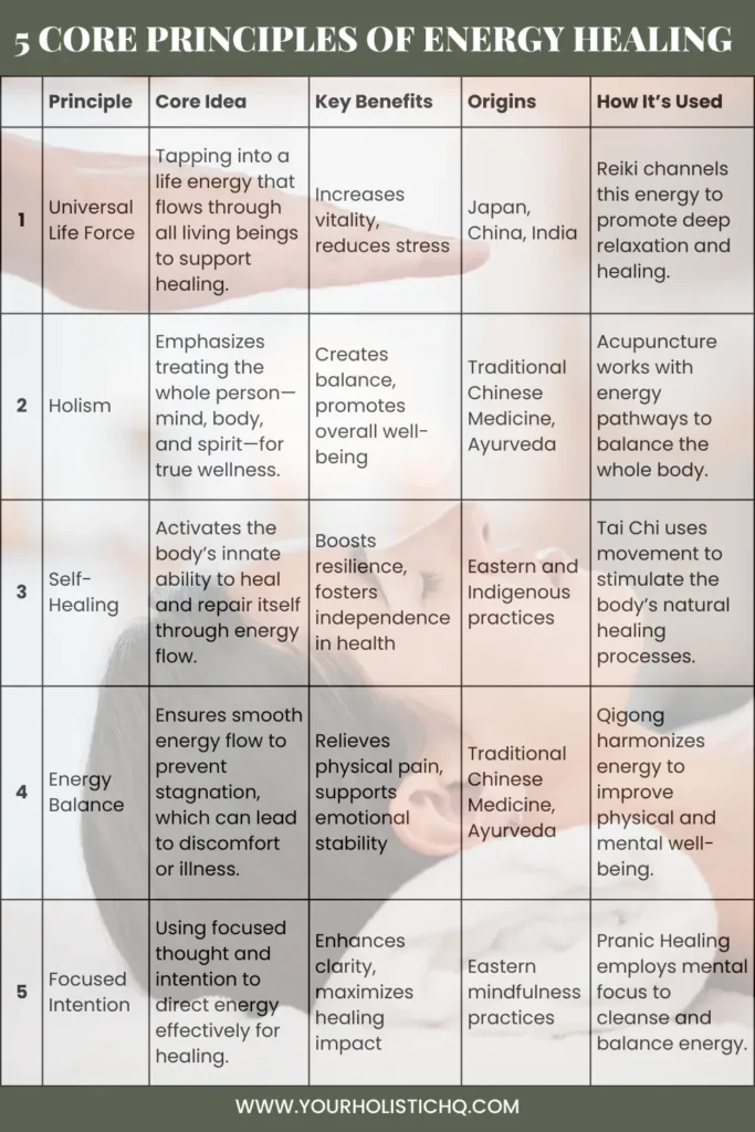 Table showing five core principles of energy healing, including Universal Life Force and Self-Healing. Pinterest Pin. 