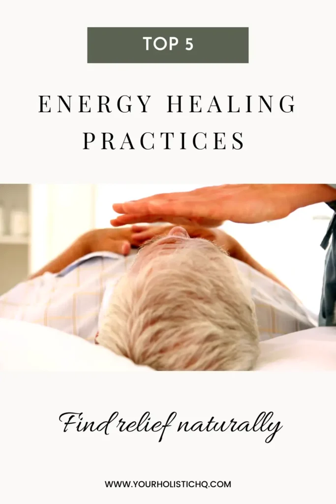 Hands practicing energy healing techniques to boost spiritual wellbeing and mind healing. Pinterest Pin.