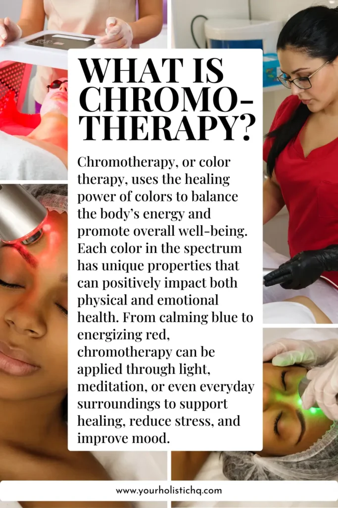 Pinterest Pin: What Is Chromotherapy? This pin explains how chromotherapy uses colors to promote physical and emotional healing, including key benefits and applications of different colors.