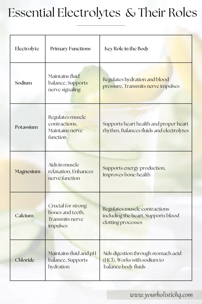 A visually appealing table showcasing essential electrolytes such as sodium, potassium, magnesium, calcium, and chloride, with their primary functions and key roles in maintaining hydration, nerve signaling, and muscle health.