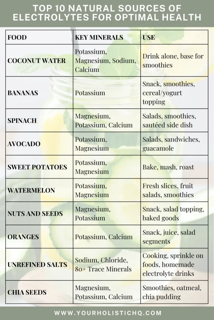 A colorful list of the top 10 natural sources of electrolytes, including coconut water, spinach, bananas, and more, highlighting their benefits for hydration, energy, and muscle health.