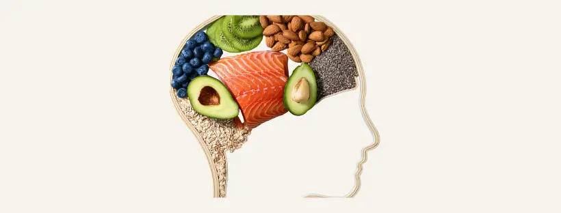 A brain-shaped design filled with whole, nutrient-dense foods like salmon, avocado, and nuts, symbolizing natural balance and brain nourishment.
