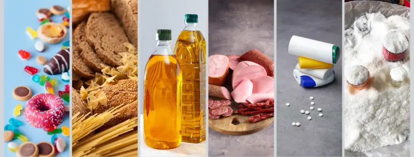 A visual collage of hyperpalatable food components including sugary snacks, refined grains, processed oils, processed meats, emulsifiers, and artificial sweeteners—illustrating the hidden additives and engineered ingredients that hijack the brain’s natural balance.