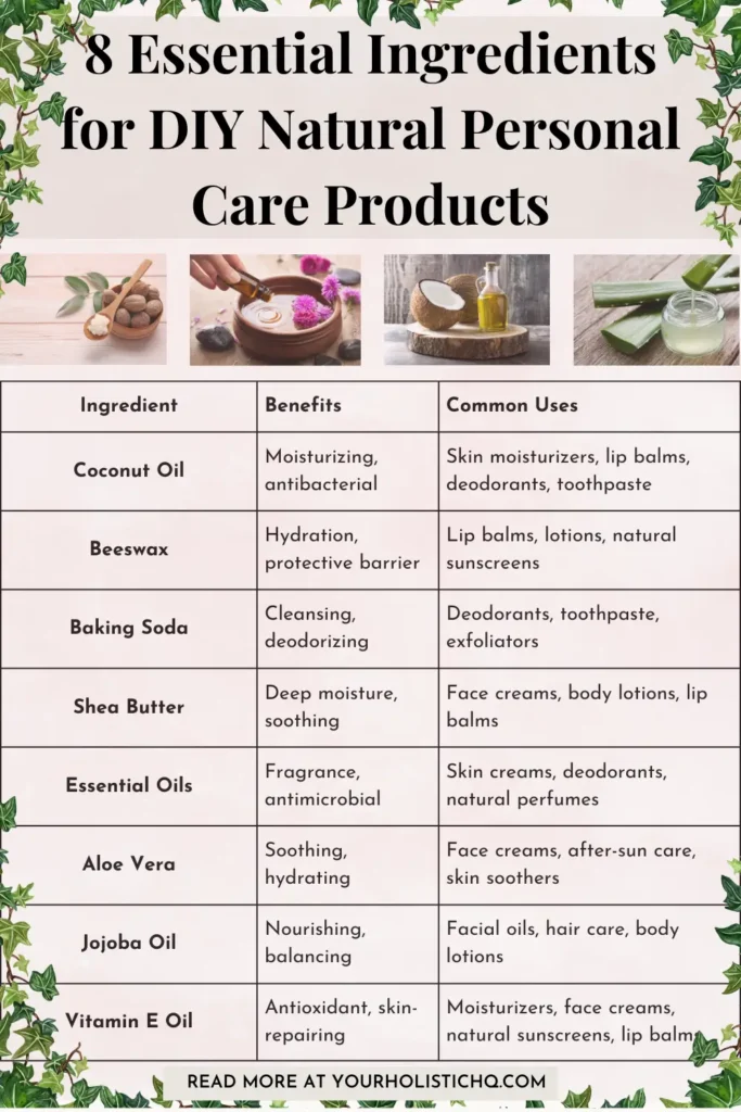 Pinterest pin on 8 essential ingredients for DIY natural personal care products, featuring coconut oil, beeswax, shea butter, and other natural ingredients for homemade skincare and beauty recipes.