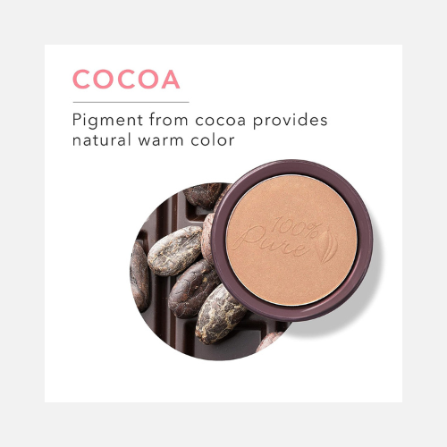 Pinterest pin showcasing 100% Pure Cocoa Pigmented Bronzer, a non-toxic bronzer made with cocoa pigments to provide a warm, natural glow using clean, nourishing ingredients.