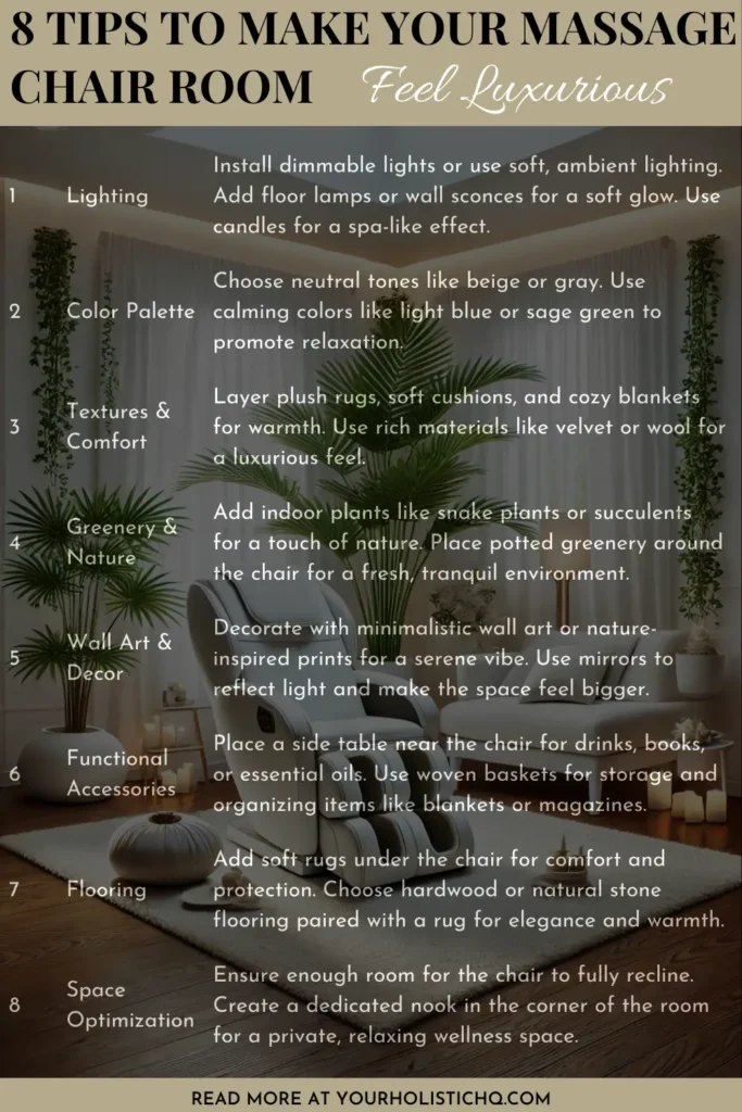 Pinterest pin with 8 tips for making your massage chair room feel luxurious using decor ideas and design inspiration.