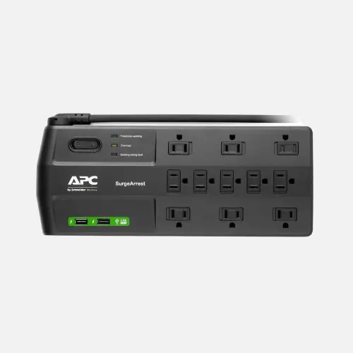 Pinterest pin showcasing the APC Smart Plug Surge Protector with USB ports for device protection and smart charging.