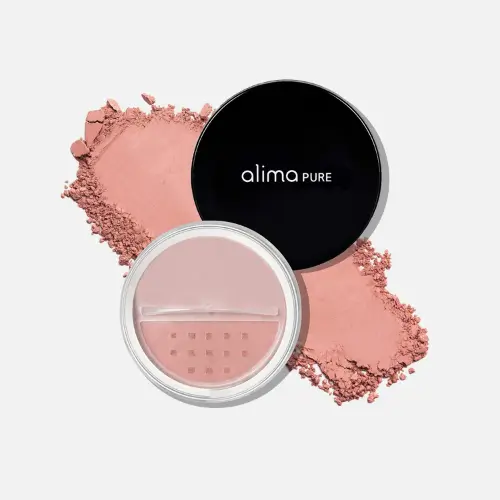 Pinterest pin showcasing Alima Pure Satin Matte Blush, a non-toxic, mineral blush that delivers a soft, matte finish and a natural, healthy glow.