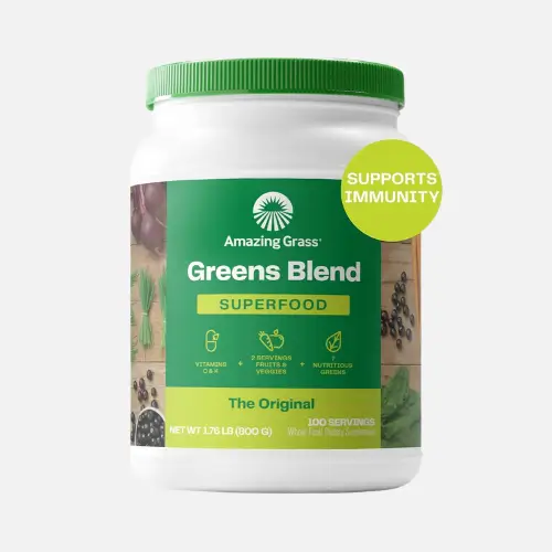 Pinterest pin image featuring Amazing Grass Green Superfood Powder, packed with greens, antioxidants, and digestive enzymes to support energy and immune health.