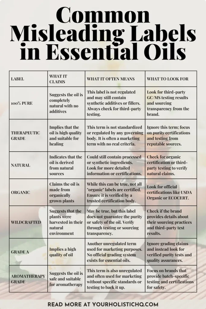 Pinterest pin explaining the truth behind common essential oil label claims like “natural” and “organic,” helping readers choose better products.