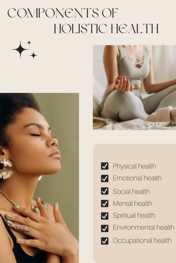 Pinterest Pin Graphic showcasing the 7 components of holistic health, including physical, emotional, social, mental, spiritual, environmental, and occupational wellness for a balanced life.