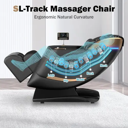 Pinterest pin showing the SL-track and ergonomic design of the Culanta Massage Chair, highlighting its natural curvature for optimal comfort.