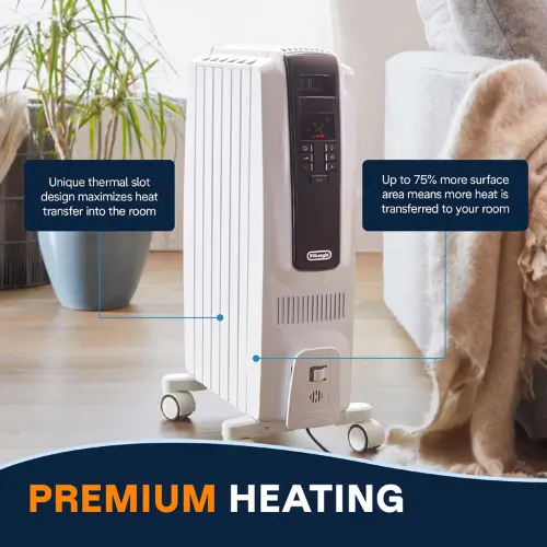 Pinterest pin showcasing De'Longhi Oil-Filled Radiator Space Heater for efficient and quiet home heating.