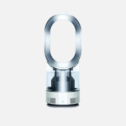 Pinterest pin showcasing Dyson AM10 Humidifier in white/silver for advanced air hydration and comfort.
