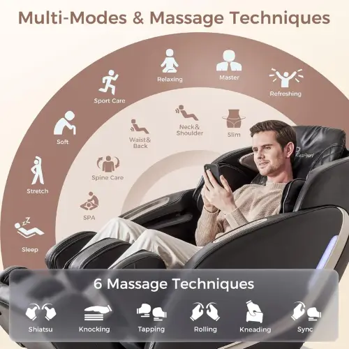Pinterest pin showing the 6 massage techniques and multi modes available in the EASPEARL Supreme SL-Track Zero Gravity Massage Chair.