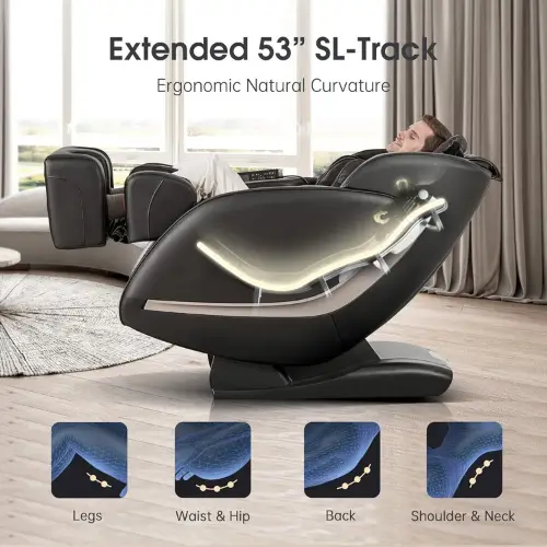 Pinterest pin highlighting the ergonomic curvature and extended 53-inch SL track of the EASPEARL Supreme Massage Chair for full-body relaxation.