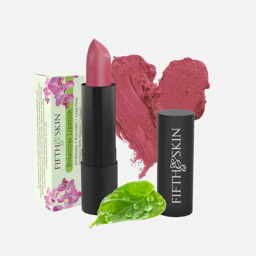 Pinterest pin showcasing Fifth & Skin Vegan BOTANICAL Lipstick, a non-toxic lipstick infused with organic botanicals for hydration and vibrant, long-lasting color.