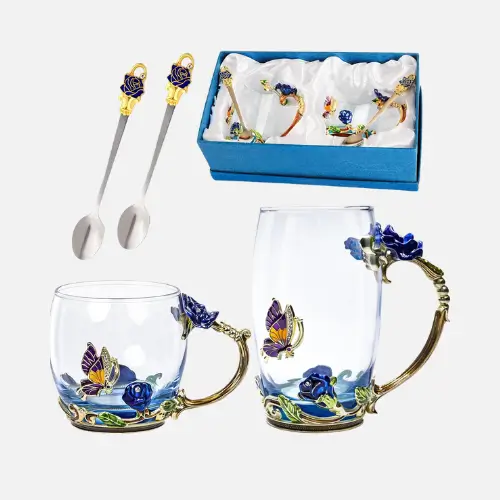 Pinterest pin image of Rose Flower Glass Tea Cup with Spoon Set, ideal for adding elegance to tea time.