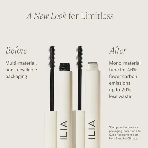 Pinterest pin showcasing Ilia Limitless Lash Mascara, a non-toxic, buildable mascara offering long, lifted lashes with clean, nourishing ingredients for all-day wear.