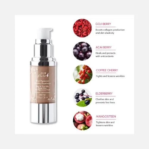 Pinterest pin showcasing 100% Pure Fruit Pigmented Healthy Foundation, a non-toxic foundation made with fruit pigments for full coverage and a radiant, healthy glow.
