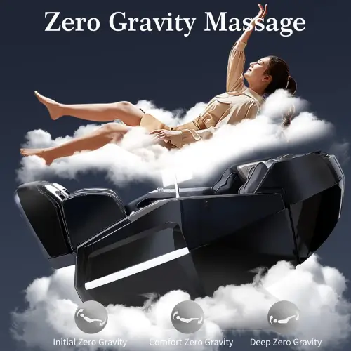 Pinterest pin highlighting the zero gravity feature of the Kollecktiv Elite 4D Massage Chair, showing a woman floating above for ultimate relaxation.