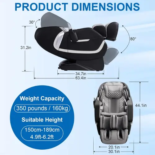 Pinterest pin showing the dimensions, weight capacity, and suitable height for the MERITLIFE 4D Massage Chair, making it ideal for various body types.