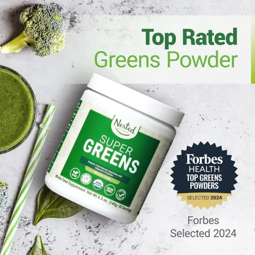 Pinterest pin image featuring Nested Naturals Super Greens Powder, a blend of organic greens, probiotics, and digestive enzymes for gut health and energy.
