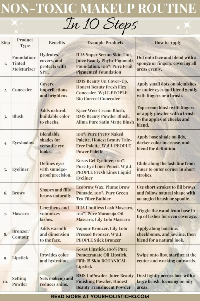 Pinterest pin showcasing a non-toxic makeup routine with 10 easy steps, using clean, eco-friendly beauty products for a flawless, radiant look. Includes tips for applying foundation, concealer, blush, and more, all made from natural, cruelty-free ingredients.