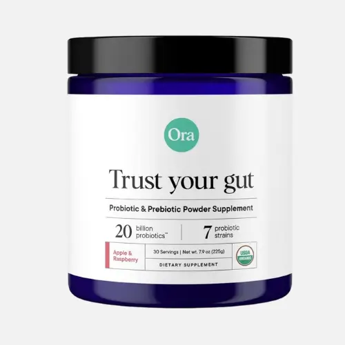 Pinterest pin image featuring Ora Organic Prebiotic and Probiotic Powder Supplement, providing organic prebiotics and probiotics to support digestion and immunity.