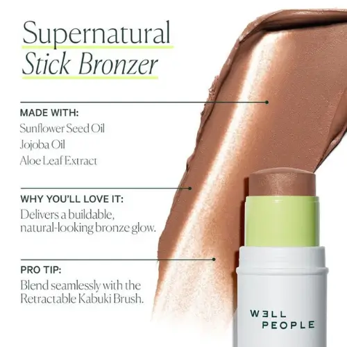 Pinterest pin showcasing W3LL PEOPLE Supernatural Stick Bronzer, a non-toxic bronzer stick that hydrates and adds a natural, sun-kissed glow with clean, skin-friendly ingredients.