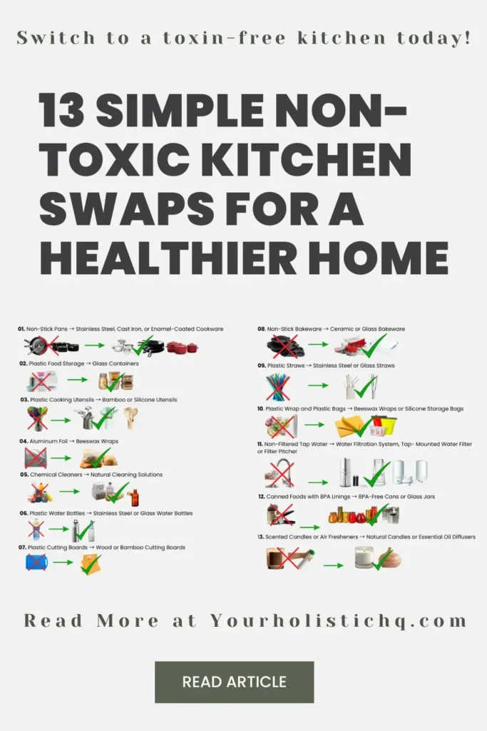 Pinterest pin highlighting easy non-toxic kitchen swaps like using beeswax wraps instead of plastic, with keywords like Non-Toxic Cookware and Waste-Free Living.