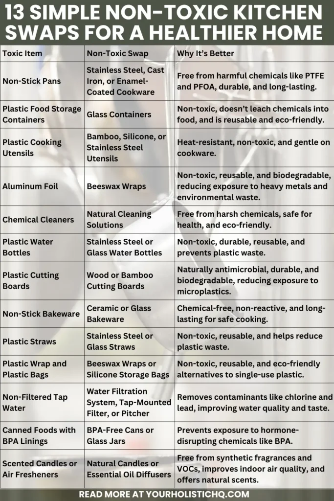 Pinterest pin showing 13 simple non-toxic kitchen swaps, including switching from non-stick pans to stainless steel and glass containers, promoting eco-friendly and chemical-free living.