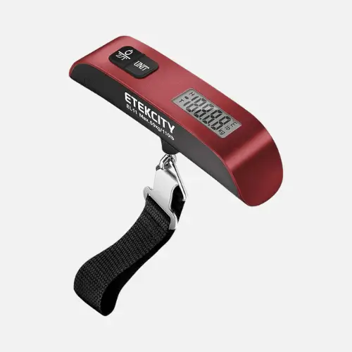 A compact mini luggage scale, designed to help travelers avoid overweight baggage fees by accurately weighing luggage.