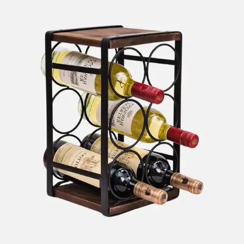Rustic wood countertop wine rack designed for stylish wine storage and display.