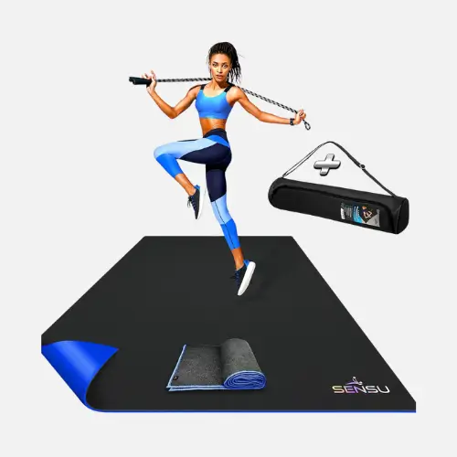 Sensu Large Exercise Mat providing ample space and a durable surface for home workouts, ideal for cardio and strength training.