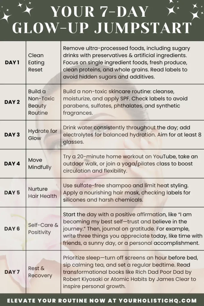 Pinterest pin showcasing a 7-day glow-up plan focused on clean eating, non-toxic skincare, and hydration.