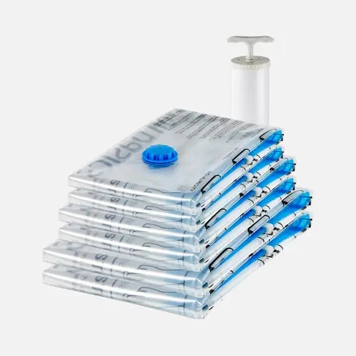 A set of vacuum compression bags with a hand pump, designed for saving space and efficient packing or storage.