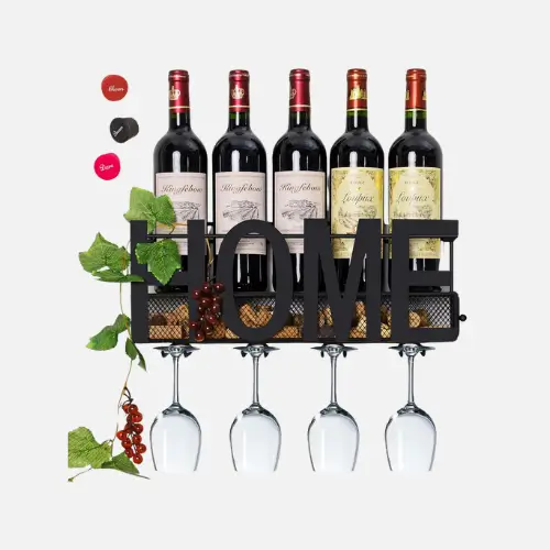 Wall mounted metal wine rack with 4 wine glasses, designed for stylish wine storage and display.
