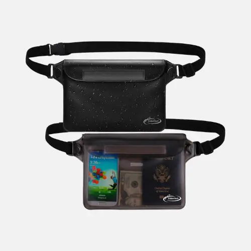 A waterproof pouch designed to keep valuables safe and dry during water activities or outdoor adventures.