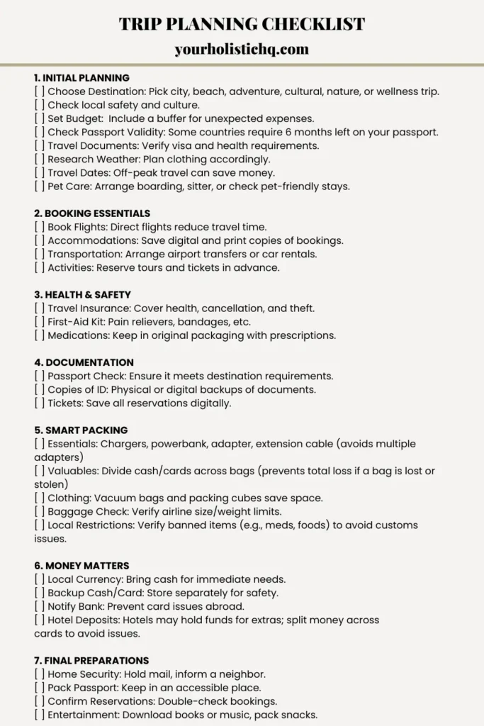 Pinterest pin: Trip Planning Checklist - a complete guide to organized travel for vacations and international trips.