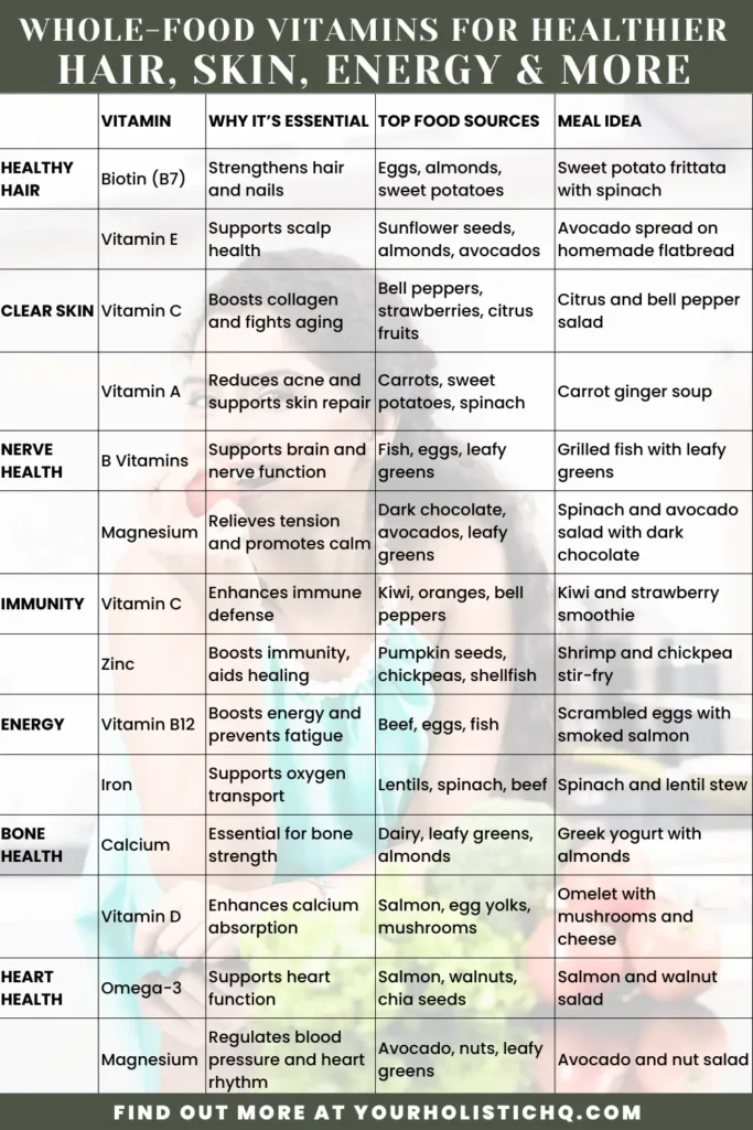 Pinterest pin showing a whole-food vitamin chart highlighting food health benefits for hair, skin, and energy.