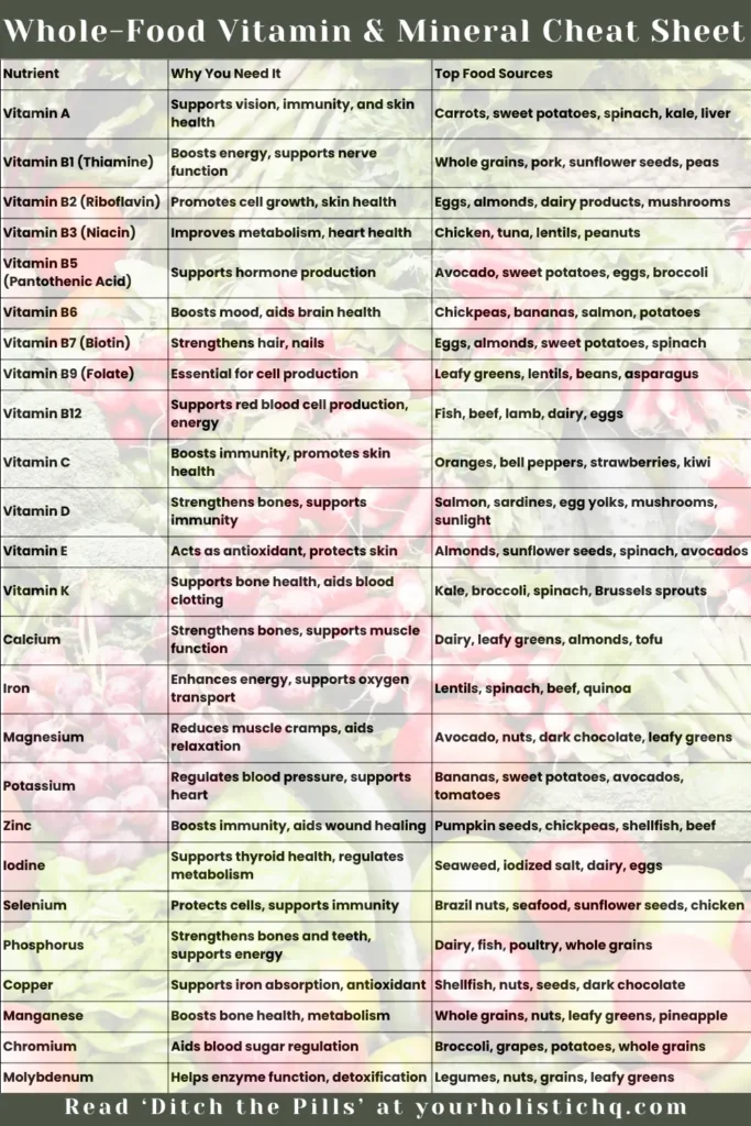 Food-based vitamin chart pin highlighting natural sources of essential nutrients.
