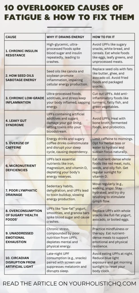 Pinterest pin titled Break Free from Fatigue featuring a clean, visually appealing table outlining causes and fixes for low energy.