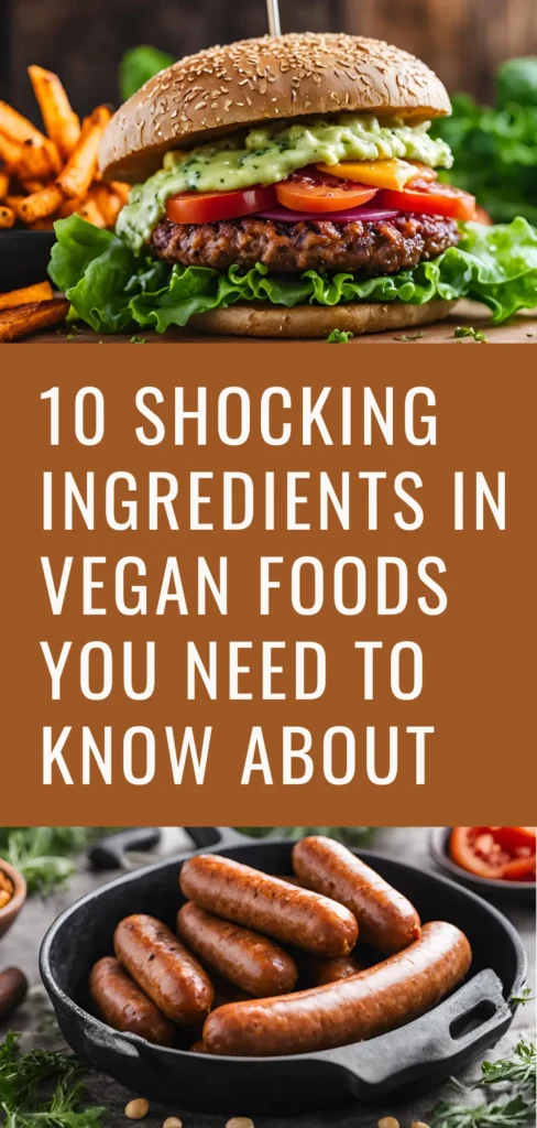 Pinterest pin with the title "10 Shocking Ingredients in Vegan Foods You Should Know About," featuring images of ultra-processed vegan food products.