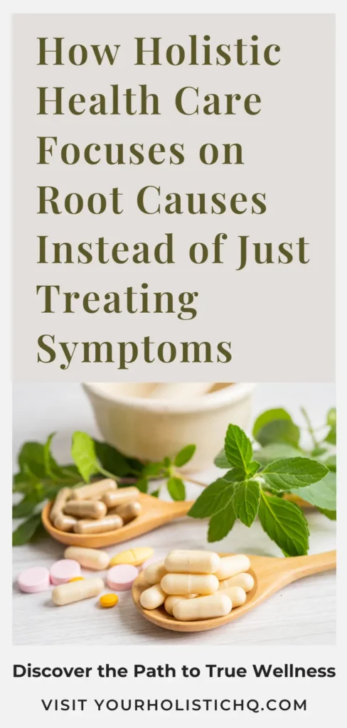 A Pinterest pin titled "Stop Masking Symptoms—Start Healing Holistically," emphasizing the benefits of addressing root causes instead of just managing symptoms.