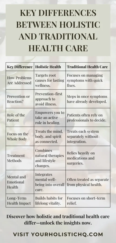 A Pinterest pin titled "Are You Choosing the Right Health Care Approach?" encouraging readers to explore the 7 key differences between holistic and traditional health care to make informed decisions.