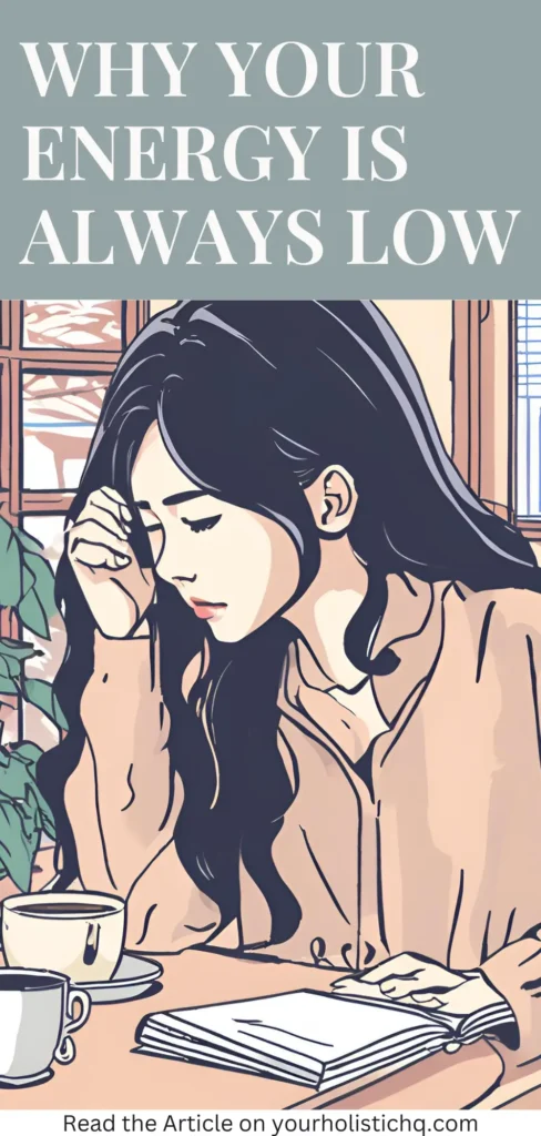 Pinterest pin titled Why Your Energy is Always Low featuring an image of a tired person contrasted with revitalizing foods and lifestyle changes.